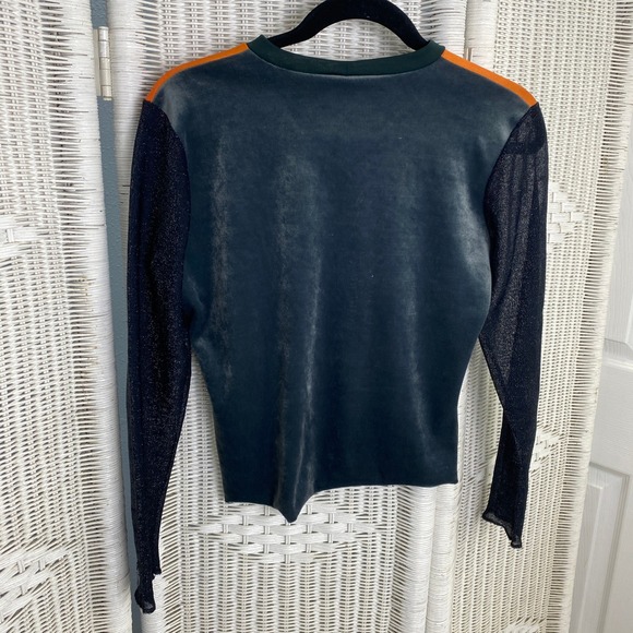 Scoop! Y2K Geisha Print Top Black Sheer Sleeve Orange Graphic Retro Novelty M - Picture 3 of 11